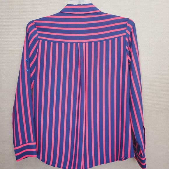 Express Portofino Blue & Red Striped Roll-Tab Sleeve Button-Up Shirt Size Medium - Picture 5 of 6